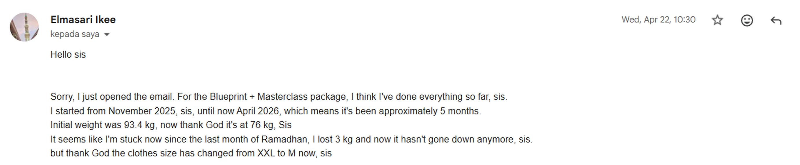 Ike, 43yo — down 17.4 kg, dress size XXL to M