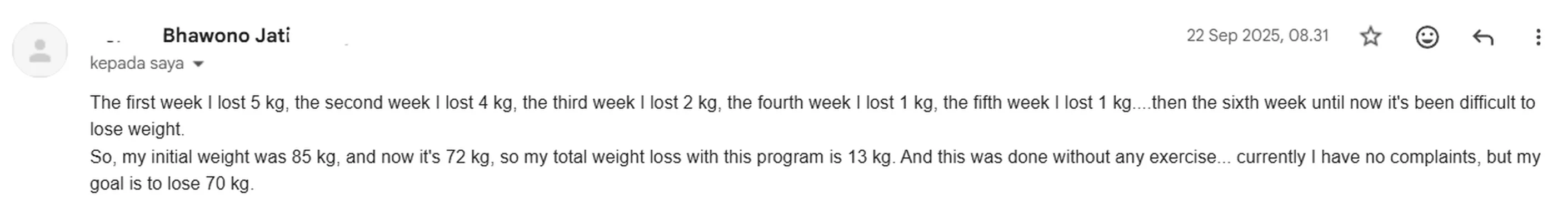 Jati — 13 kg in 6 weeks, zero exercise — real Leanova coaching email