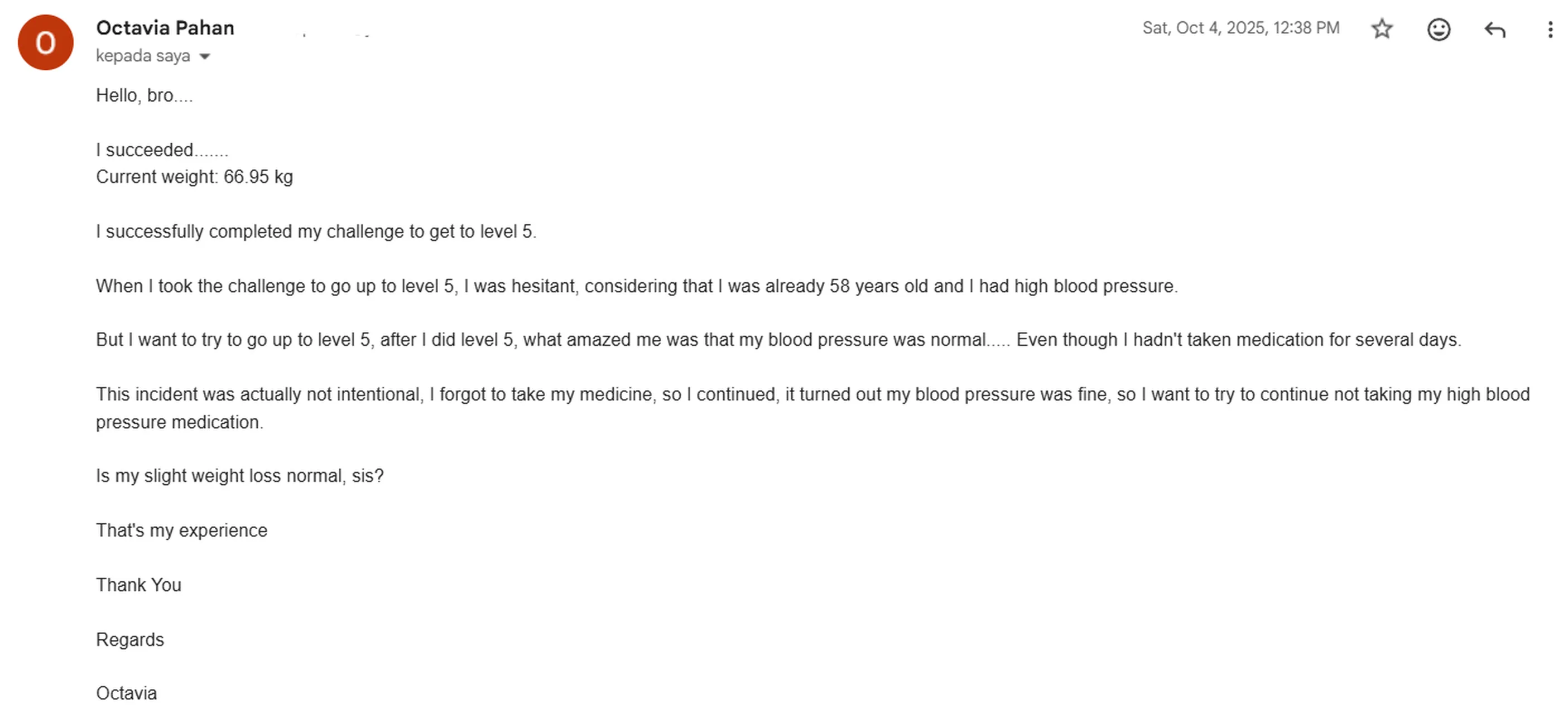 Octavia, 58 — her check-up numbers went back in the green — real Leanova coaching email