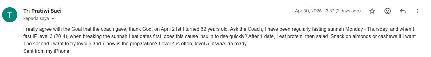 Tri Suci: 62yo, Sunnah Mon-Thu fasting, Level 4 OMAD, aspiring Level 5-7
