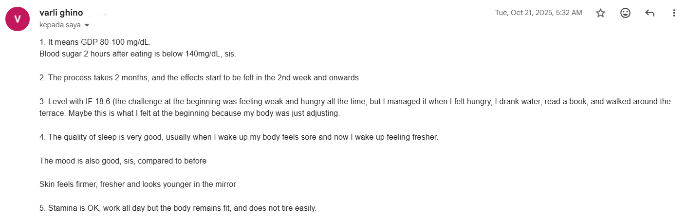 Varli detailed report: IF 18:6, blood sugar 80-100, sleep quality very good, skin firmer, looks younger, stamina OK